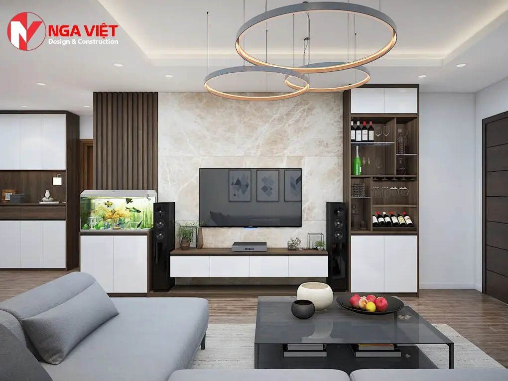 Mẫu trần giật cấp với đèn led ẩn và chùm đèn ở giữa Mẫu trần giật cấp với đèn led ẩn và chùm đèn ở giữa