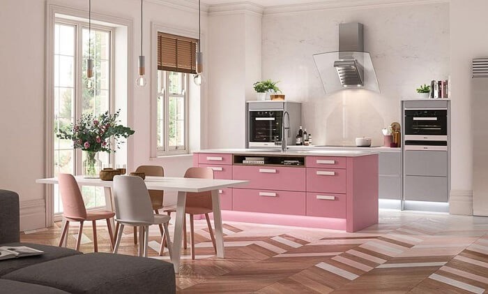 Thiết kế phòng bếp màu hồng ấm áp