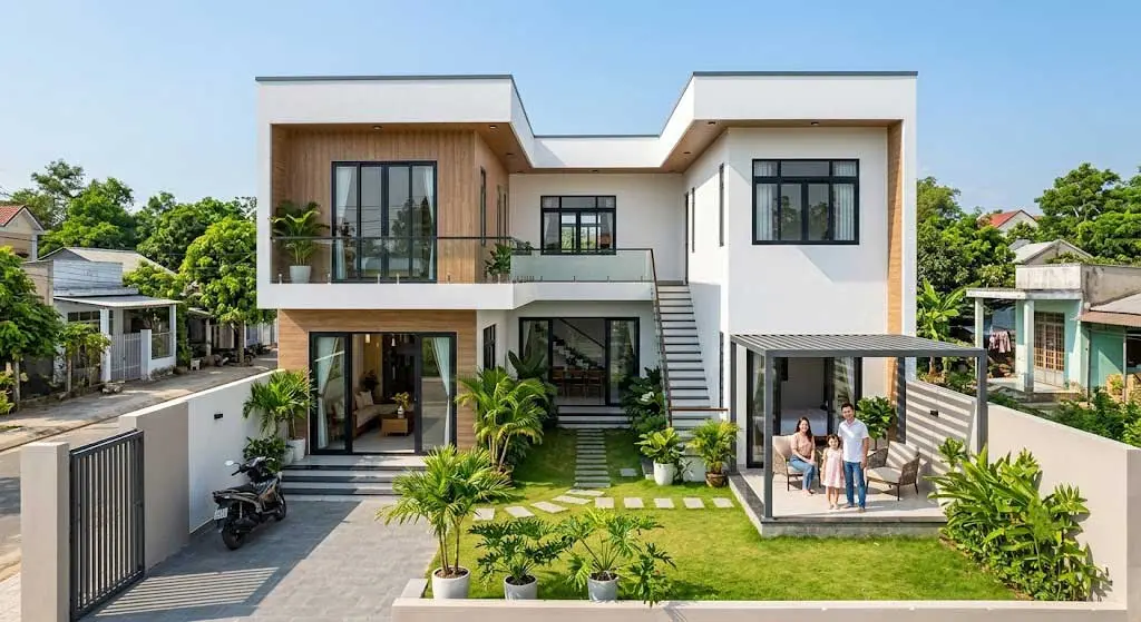 Mẫu nhà 2 tầng hình chữ L hiện đại diện tích 100m2 chi phí 500 triệu