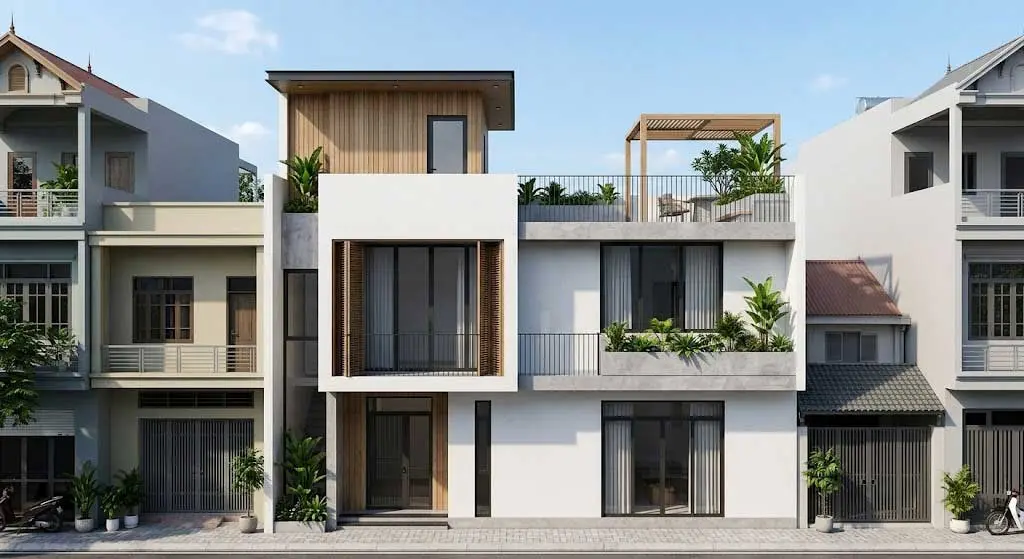 Mẫu thiết kế nhà ống 2 tầng 1 tum phong cách hiện đại chi phí 500 triệu
