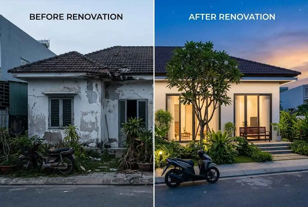 So sánh hình ảnh trước và sau khi Cải Tạo Nhà Cấp 4 100m2
