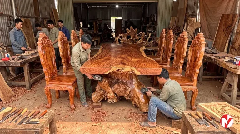 bàn ghế gốc cây tự nhiên gỗ gõ đỏ nguyên khối tại xưởng