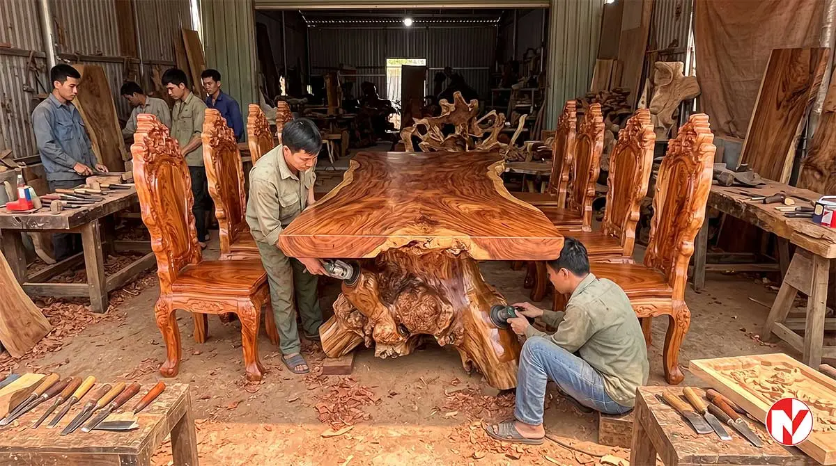 bàn ghế gốc cây tự nhiên gỗ gõ đỏ nguyên khối tại xưởng