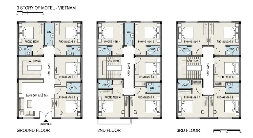 Bản vẽ mặt bằng công năng nhà nghỉ 3 tầng diện tích 100m2 mỗi sàn