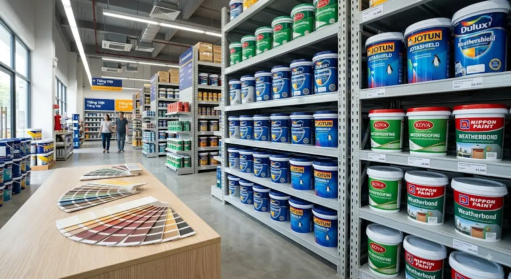 Bảng màu và thùng sơn chống thấm ngoài trời của các thương hiệu Dulux, Jotun, Kova, Nippon, Sika, TOA, Mykolor