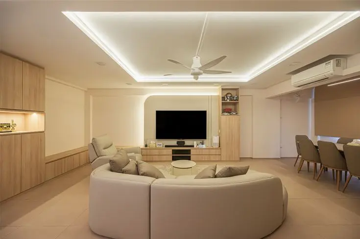 Bố trí đèn LED hắt sáng khe giật cấp kết hợp đèn âm trần downlight