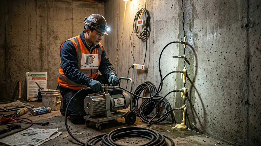 Sử dụng máy bơm keo PU áp lực cao chống thấm ngược vách tầng hầm. Sử dụng máy bơm keo PU áp lực cao chống thấm ngược vách tầng hầm.