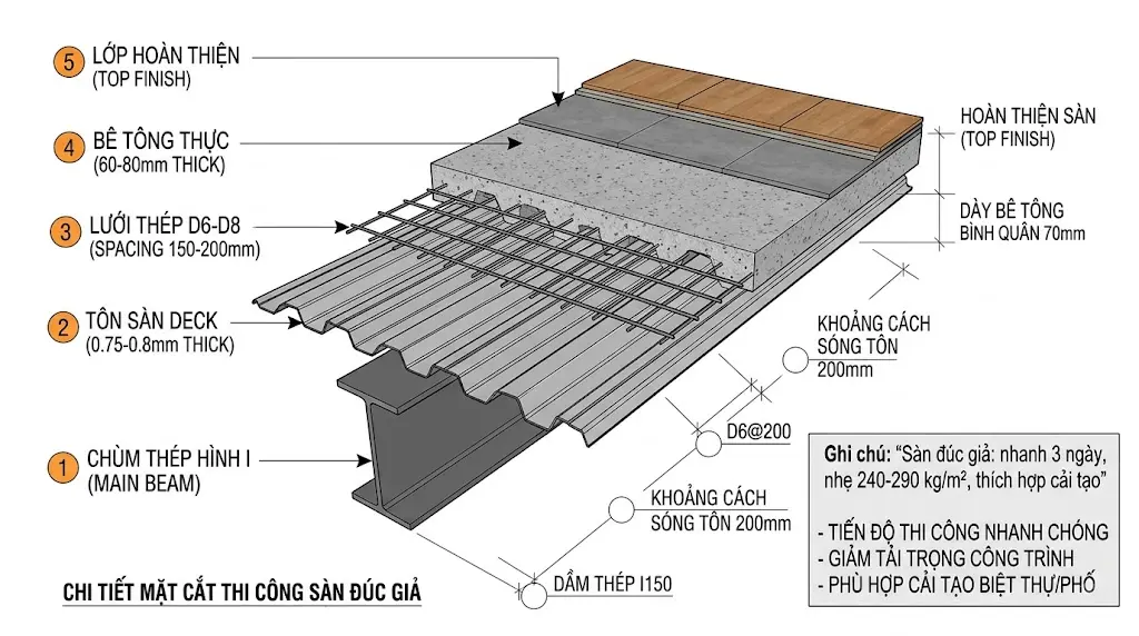 Chi tiết thi công sàn lửng đúc giả