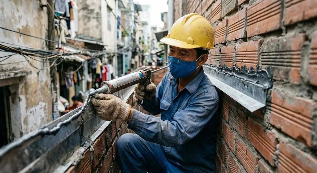 Thợ thi công chống thấm khe tiếp giáp nhà liền kề hẹp bằng tôn lá và keo trám. Thợ thi công chống thấm khe tiếp giáp nhà liền kề hẹp bằng tôn lá và keo trám.