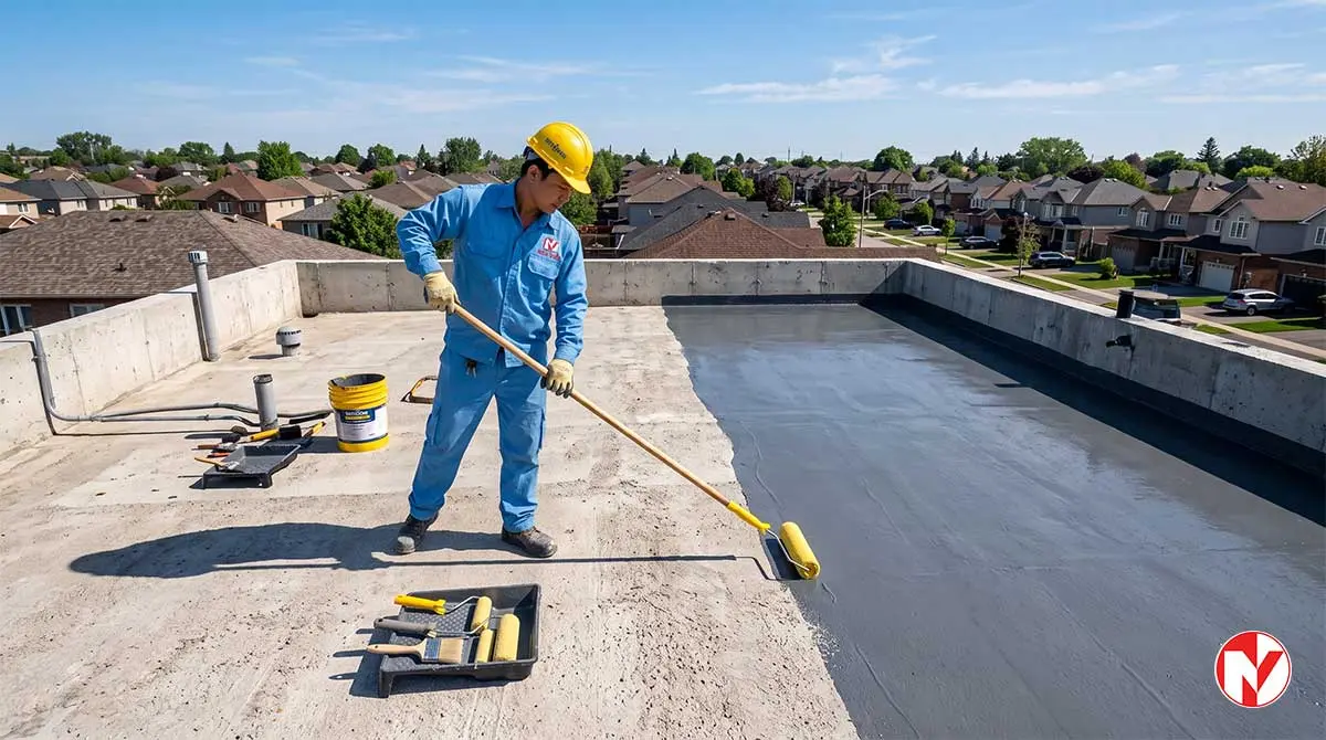 Thi công chống thấm sàn mái bê tông hiệu quả bằng màng PU và xi măng đàn hồi.