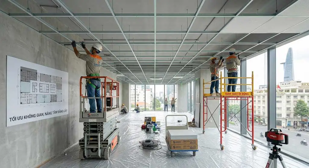 Thi công trần thạch cao thả 60x60 thực tế tại TP.HCM