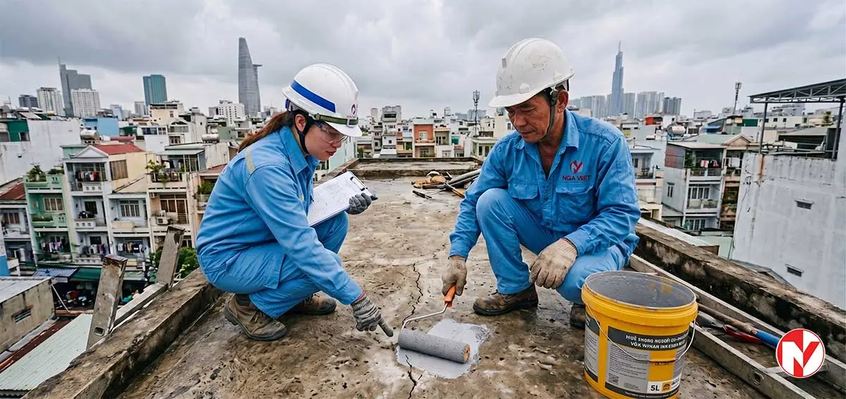 Dịch vụ thi công chống thấm chuyên nghiệp TP Hồ Chí Minh khảo sát nứt sàn mái.