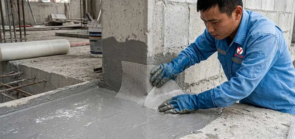 Gia cố lưới sợi thủy tinh khi chống thấm sàn mái bê tông
