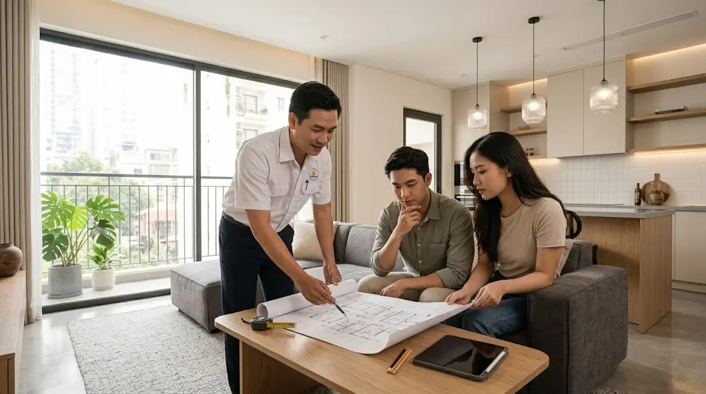 Kỹ sư Xây Nhà Nga Việt khảo sát hiện trạng trước khi sửa chữa nhà chung cư