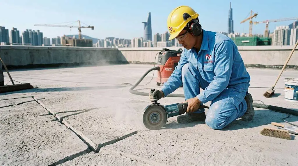 Mài sàn xử lý bề mặt trước khi chống thấm sàn mái bê tông