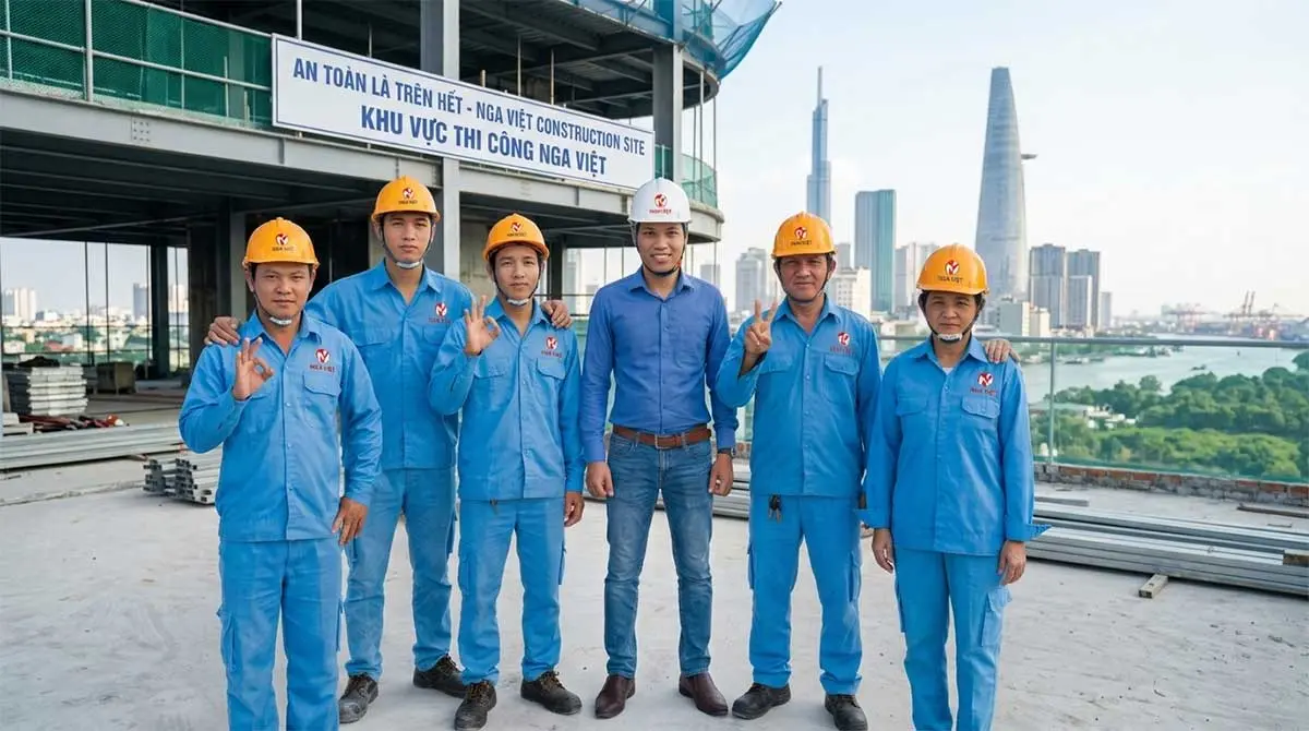 Đội ngũ nhân viên và kỹ sư Công ty Xây Nhà Nga Việt chụp ảnh lưu niệm tại công trình