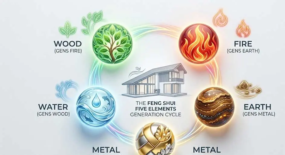 Sơ đồ vòng tuần hoàn ngũ hành tương sinh trong phong thủy kiến trúc Sơ đồ vòng tuần hoàn ngũ hành tương sinh trong phong thủy kiến trúc