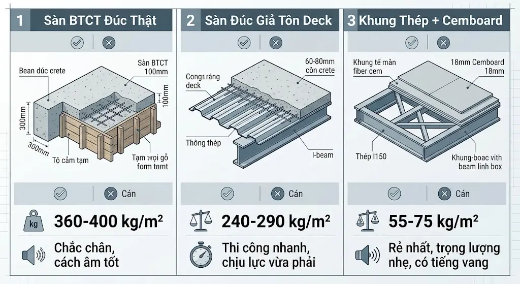 So sánh 3 phương án kết cấu sàn lửng