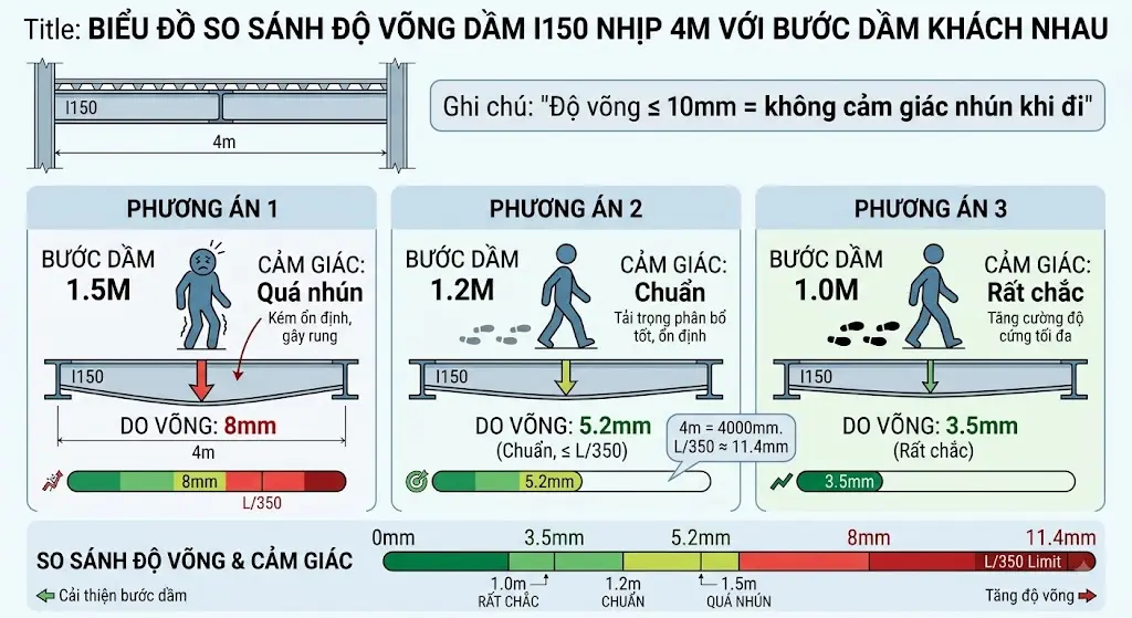 So sánh độ võng sàn I150 nhịp 4m