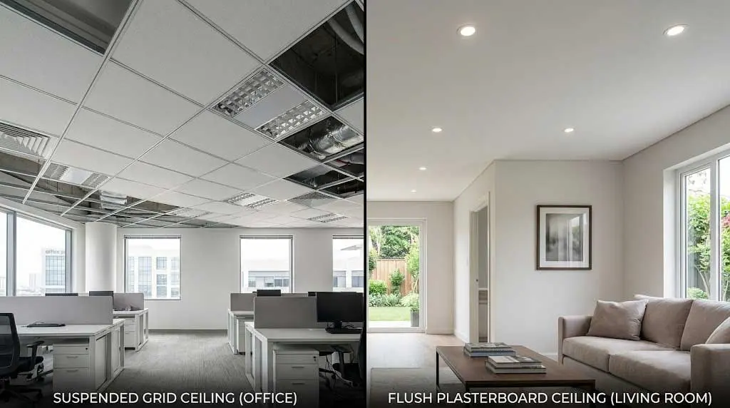 So sánh trần thạch cao thả 60x60 khung nổi và trần chìm phẳng So sánh trần thạch cao thả 60x60 khung nổi và trần chìm phẳng
