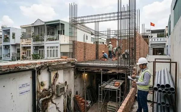 Gia cố móng và kết cấu thi công nâng tầng nhà phố