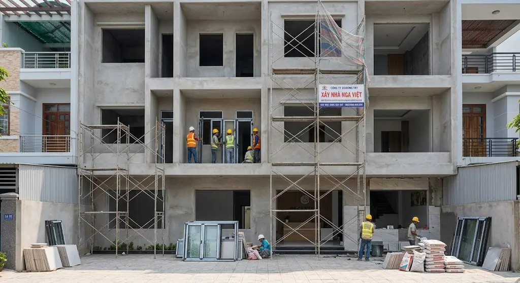 Công trình nhà nghỉ 3 tầng đang thi công hoàn thiện thực tế