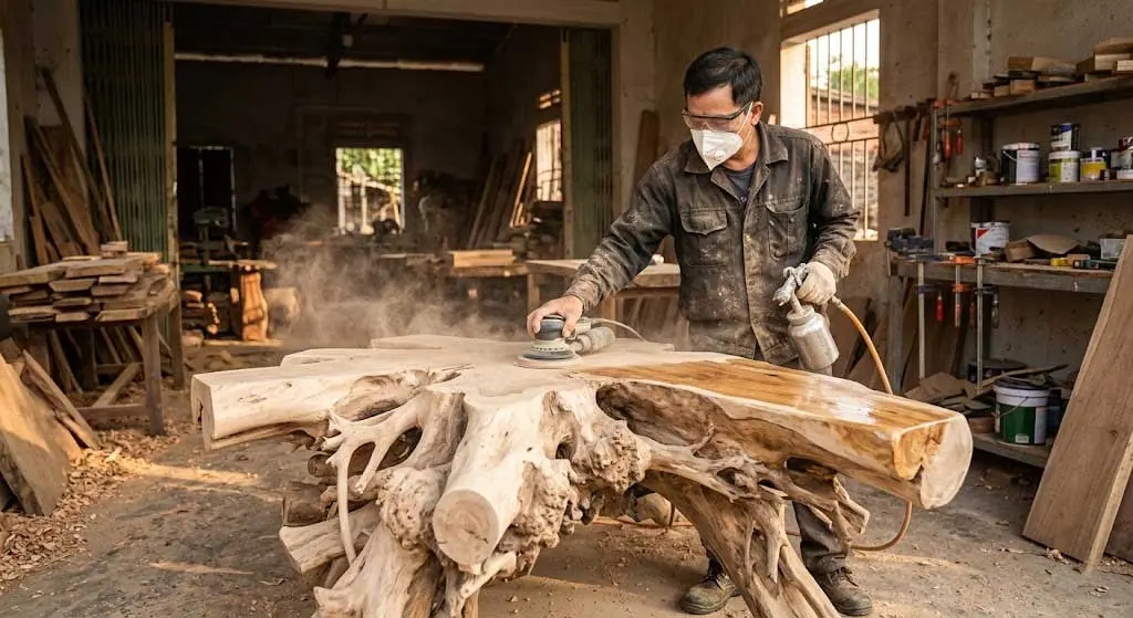 cách bảo quản bàn ghế gốc cây bằng chà nhám và xịt PU