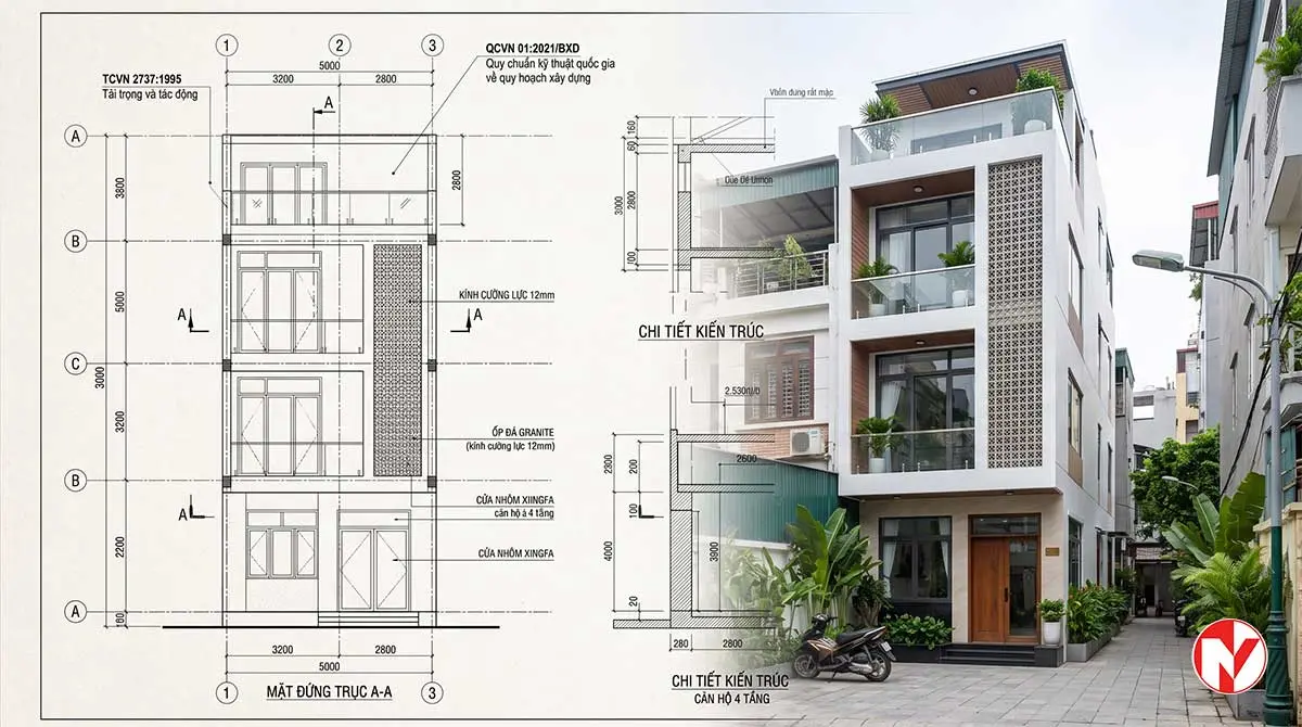 Tiêu chuẩn thiết kế nhà ở - bản vẽ kiến trúc kết cấu và các quy chuẩn TCVN QCVN áp dụng