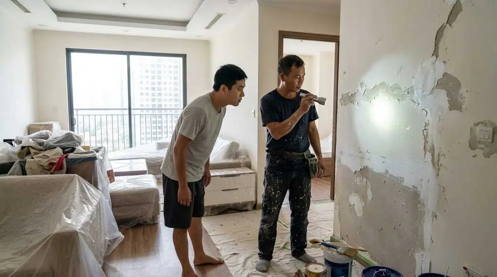 Thợ sơn và chủ nhà dùng đèn pin kiểm tra vệt tường bị ẩm mốc, bong tróc sát chân sàn. Thợ sơn và chủ nhà dùng đèn pin kiểm tra vệt tường bị ẩm mốc, bong tróc sát chân sàn.