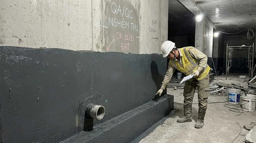 Kiểm tra bề mặt vách và chi tiết tiếp giáp khi nghiệm thu chống thấm tầng hầm Kiểm tra bề mặt vách và chi tiết tiếp giáp khi nghiệm thu chống thấm tầng hầm