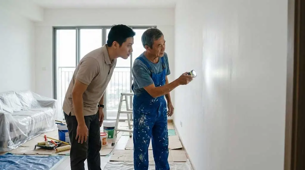 Thợ sơn lớn tuổi dùng đèn rọi sát tường để chủ nhà kiểm tra độ phẳng sau khi hoàn thiện. Thợ sơn lớn tuổi dùng đèn rọi sát tường để chủ nhà kiểm tra độ phẳng sau khi hoàn thiện.