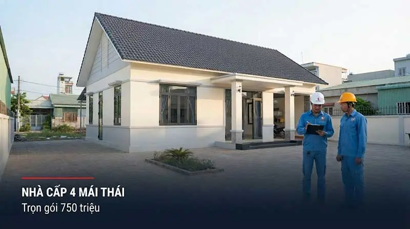 Ảnh minh họa nhà cấp 4 mái Thái đã hoàn thiện, kèm tiêu đề “Nhà cấp 4 mái Thái – Trọn gói 750 triệu”.