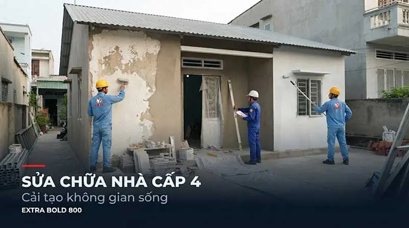 Ảnh minh họa công nhân sửa chữa mặt tiền nhà cấp 4, trát vá và sơn lại tường.