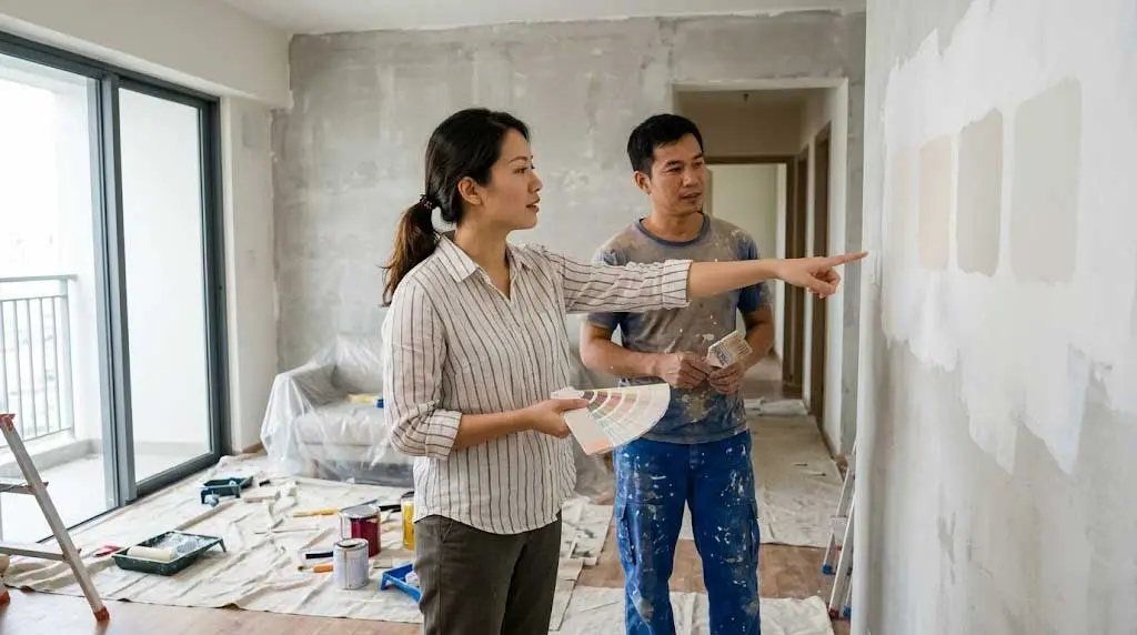 Chủ nhà cầm bảng màu đối chiếu với các mẫu màu sơn được quét thử trực tiếp trên tường căn hộ. Chủ nhà cầm bảng màu đối chiếu với các mẫu màu sơn được quét thử trực tiếp trên tường căn hộ.